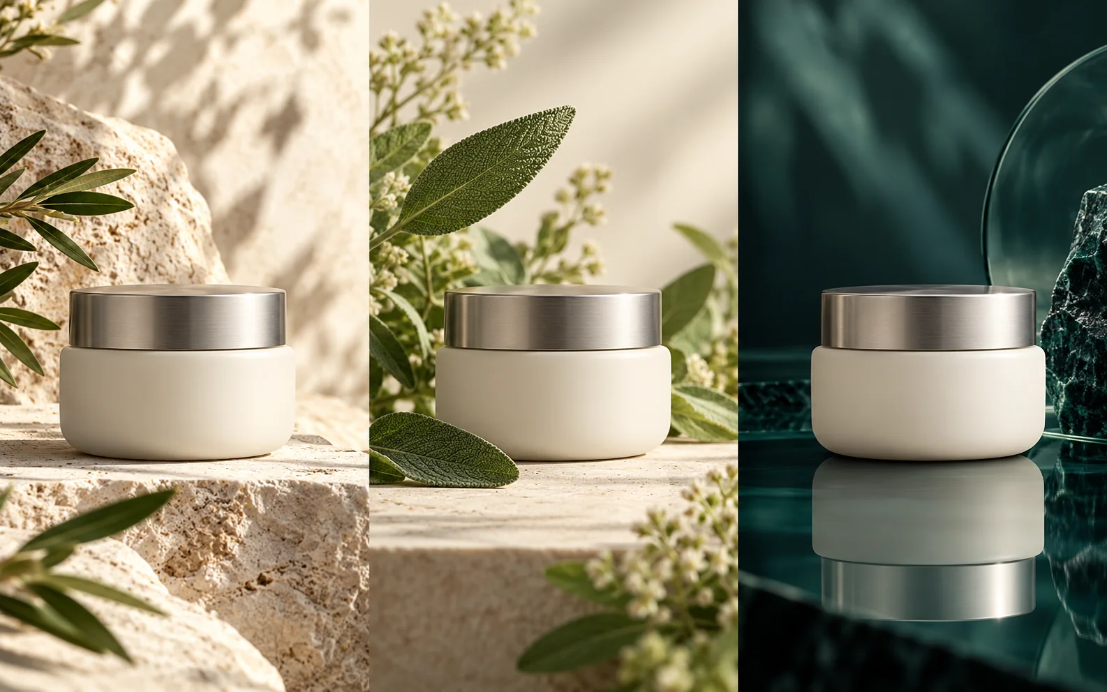 The same ivory-white skincare jar with a silver lid in three settings: sunlit stone, grass and leaves, and deep teal glass