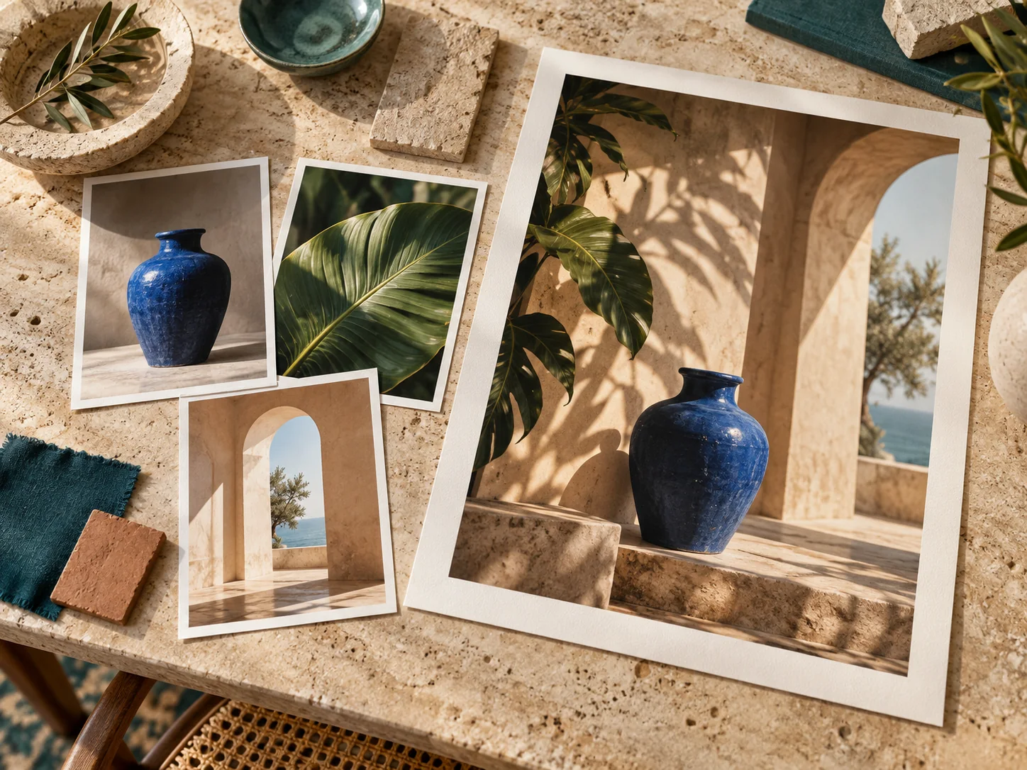 Three printed reference photos of a cobalt-blue ceramic vase, tropical leaves, and an architectural archway beside a larger composition combining them